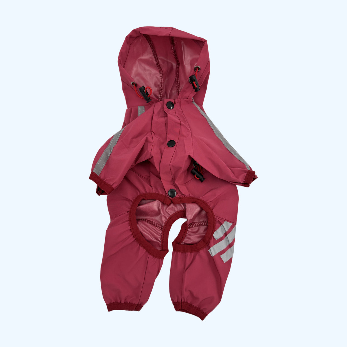 Raspberry ESSA Raincoat flat lay, front with press studs and reflective stripes