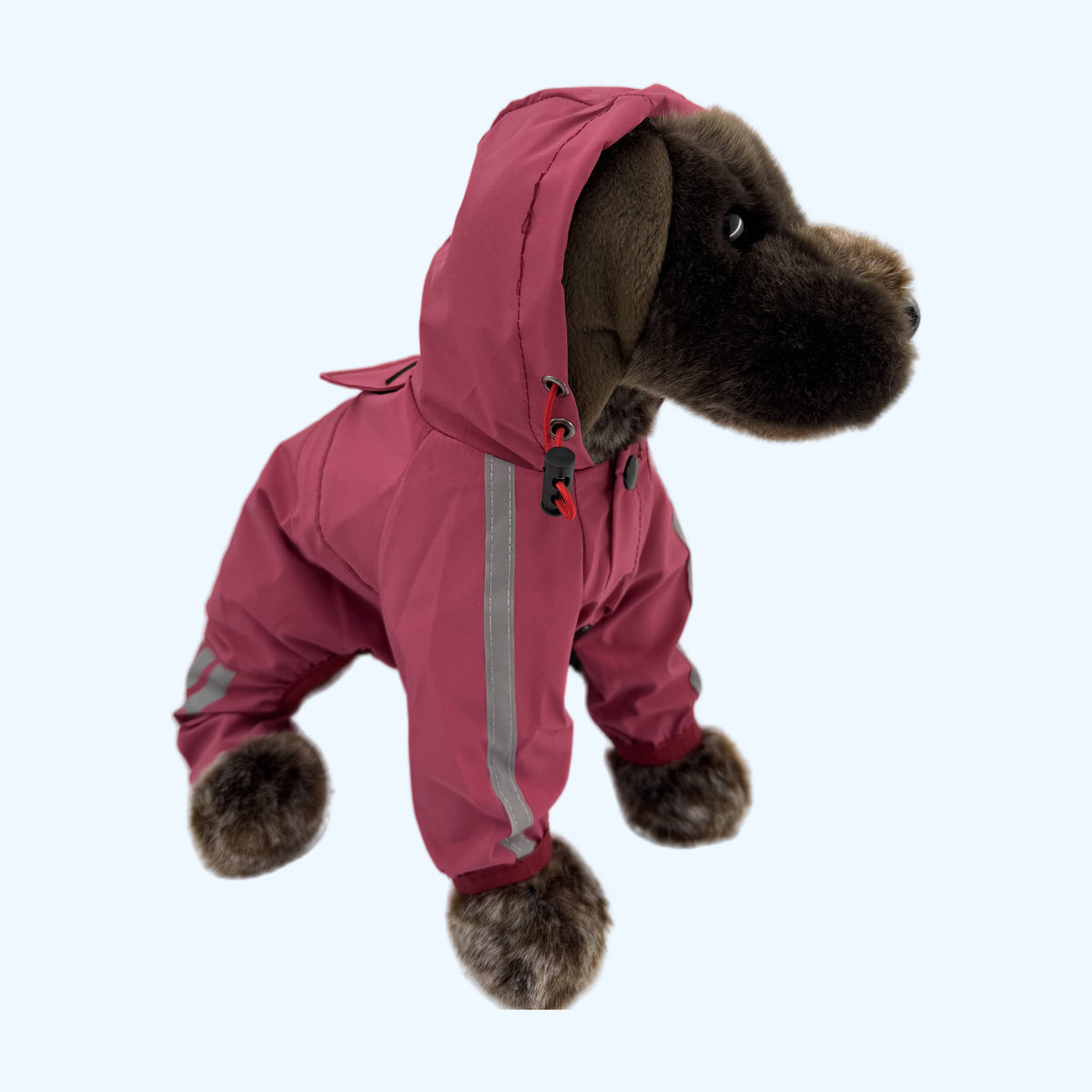 Raspberry ESSA Raincoat worn by Medium ESSA plush dog, hood up, front view