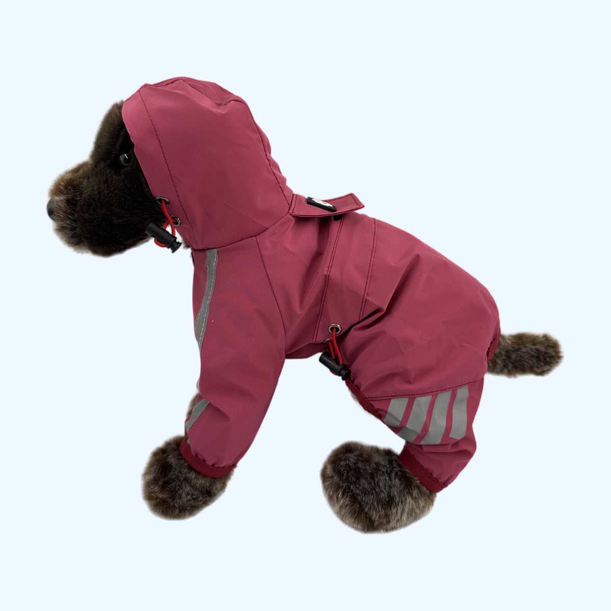 Raspberry ESSA Raincoat side view showing reflective leg stripes on Medium plush