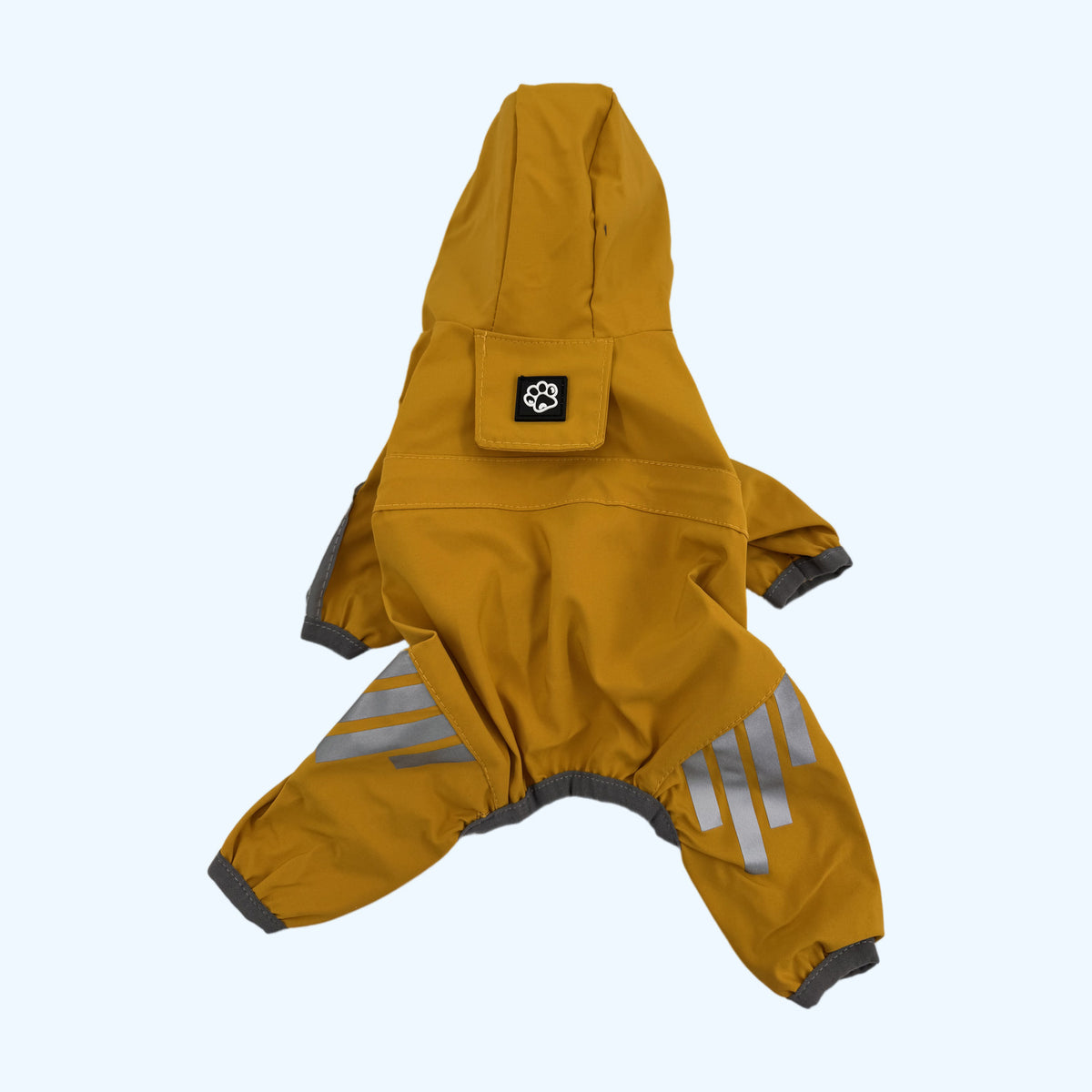 Yellow ESSA Raincoat flat lay, back with hood and reflective leg stripes
