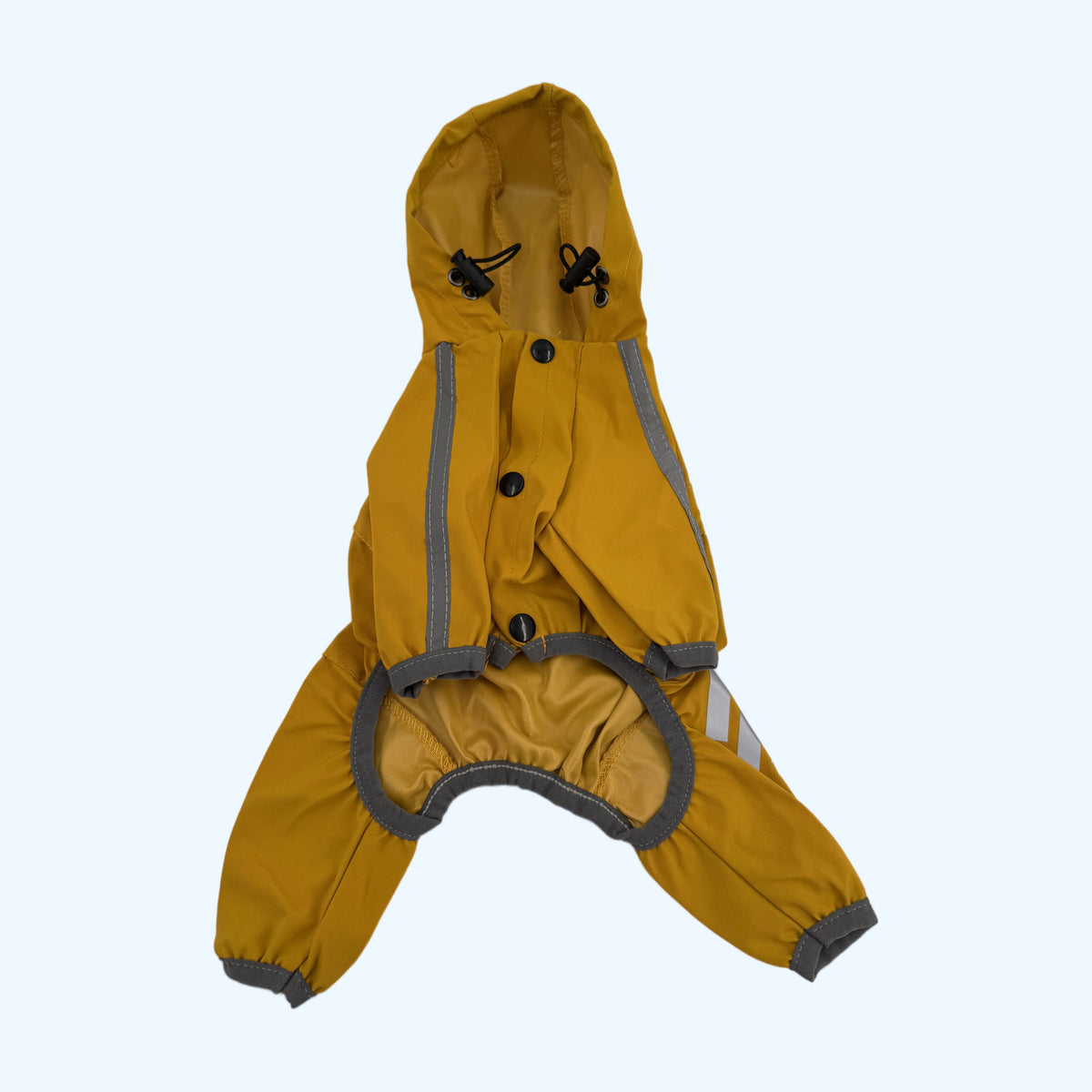 Yellow ESSA Raincoat flat lay, front with press studs and reflective stripes