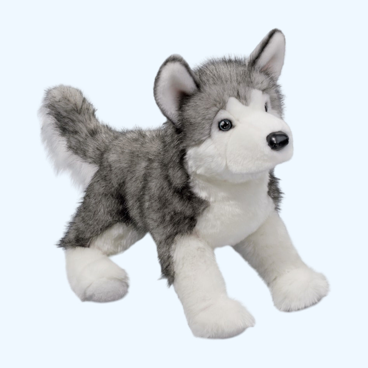 Douglas Essa Lobo DLux Husky plush standing, grey and white fur with bright blue eyes