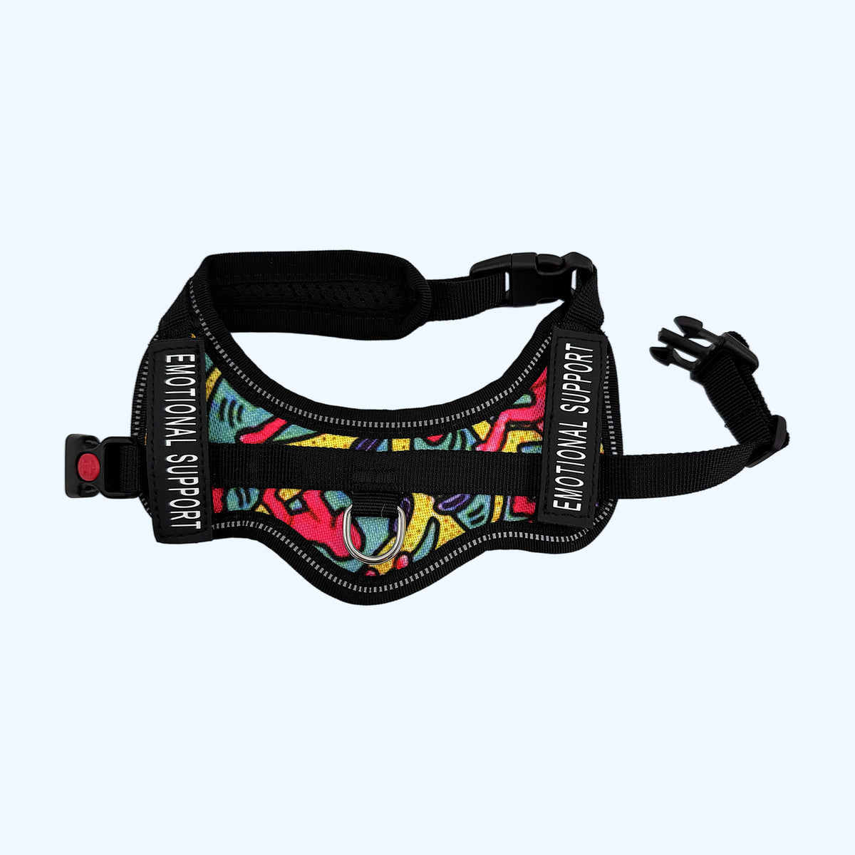 Graffiti ESSA Harness for Small and Medium laid flat showing the multicolour print