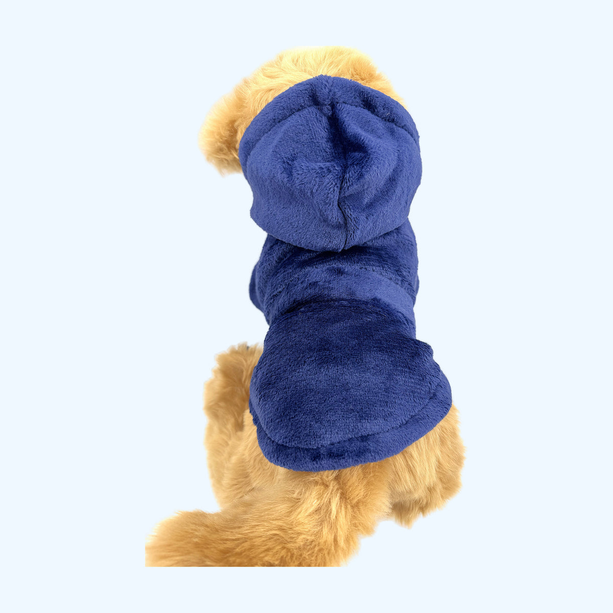 Navy ESSA Dressing Gown seen from above, hood and back of the gown