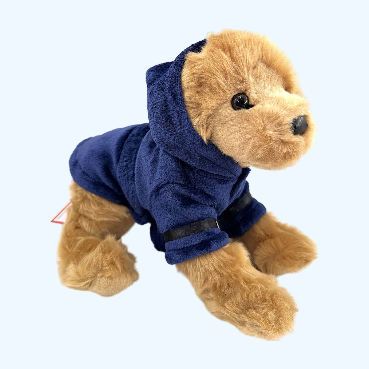 Navy ESSA Dressing Gown worn by ESSA plush dog with hood up, front view