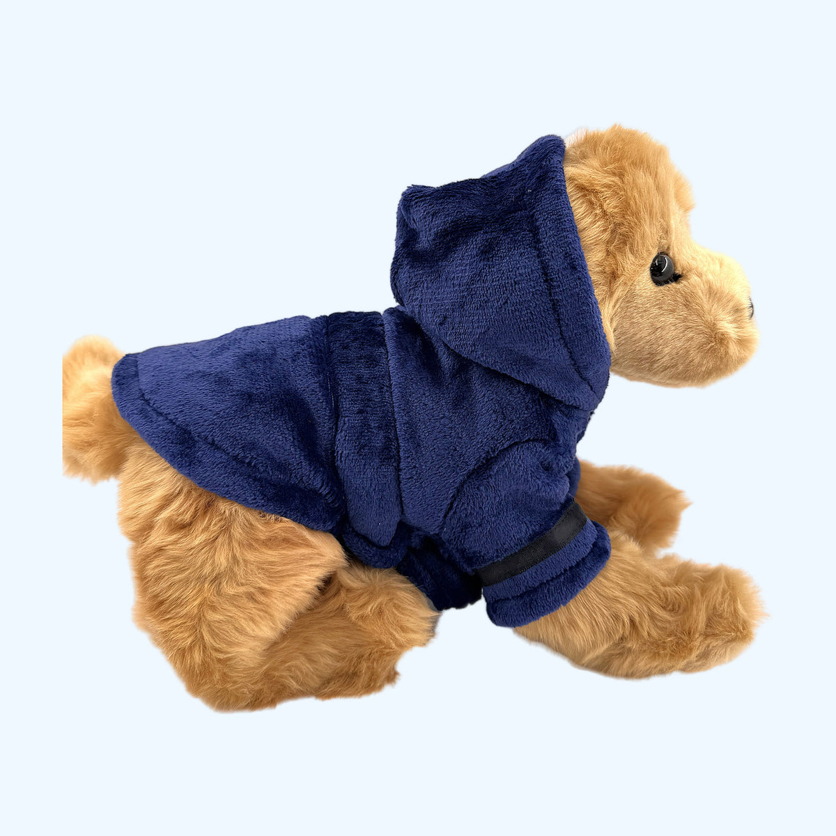 Navy ESSA Dressing Gown side view with hood up and black sleeve trim