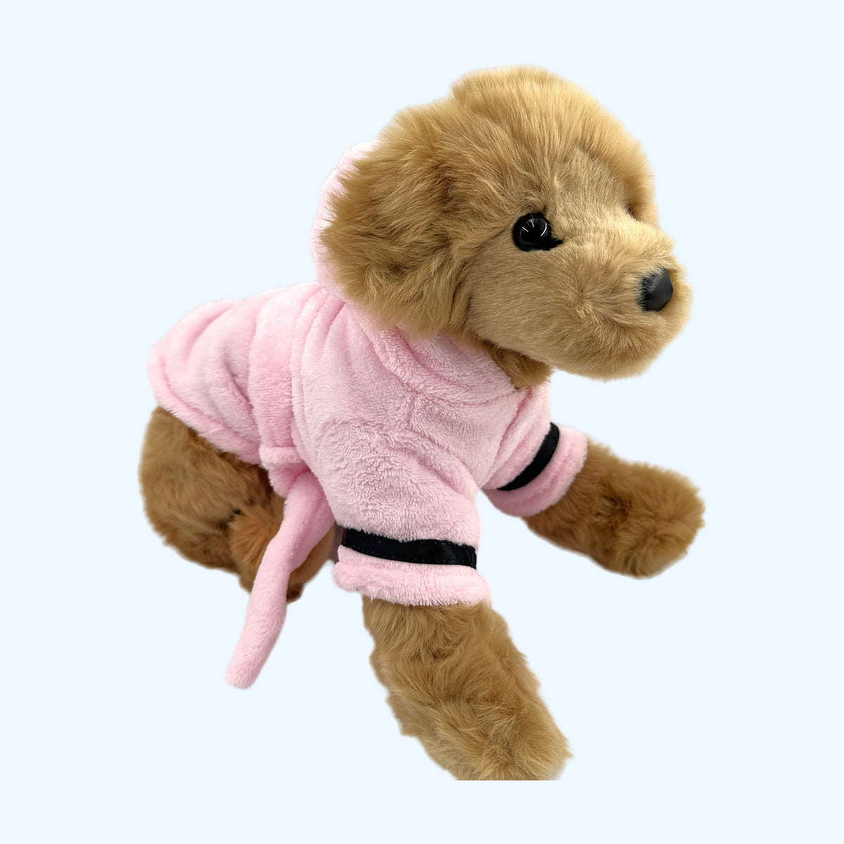 Pink ESSA Dressing Gown worn by ESSA plush dog, front three-quarter view