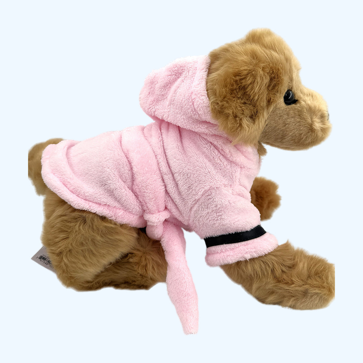 Pink ESSA Dressing Gown side view showing hood, tie belt and black sleeve trim