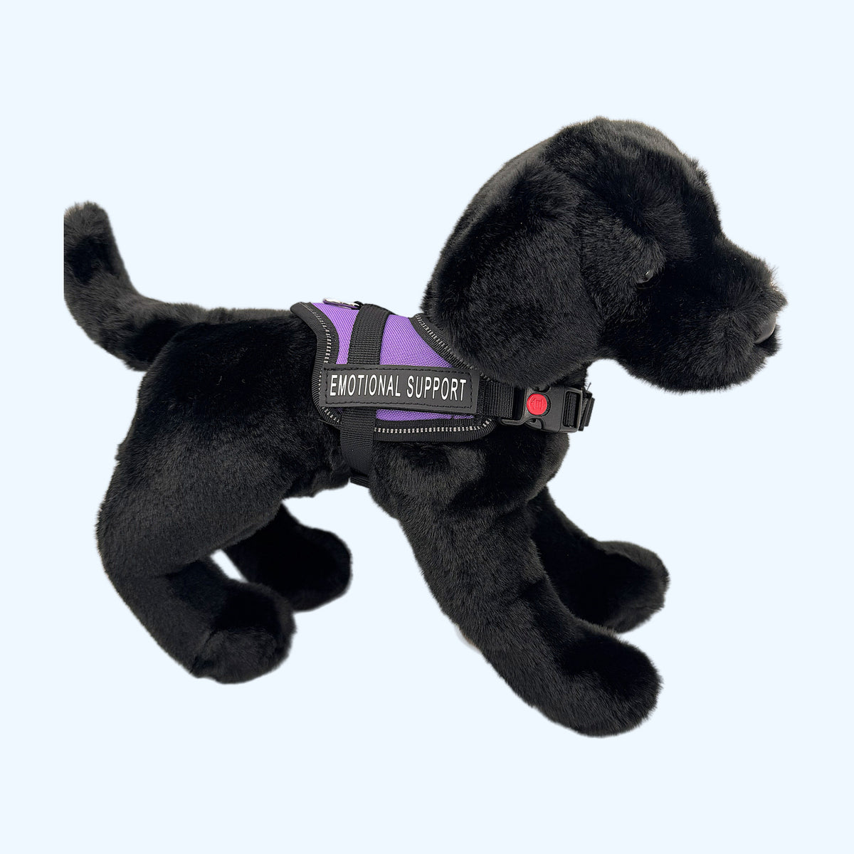 Purple ESSA Harness for Small and Medium worn by a black plush dog