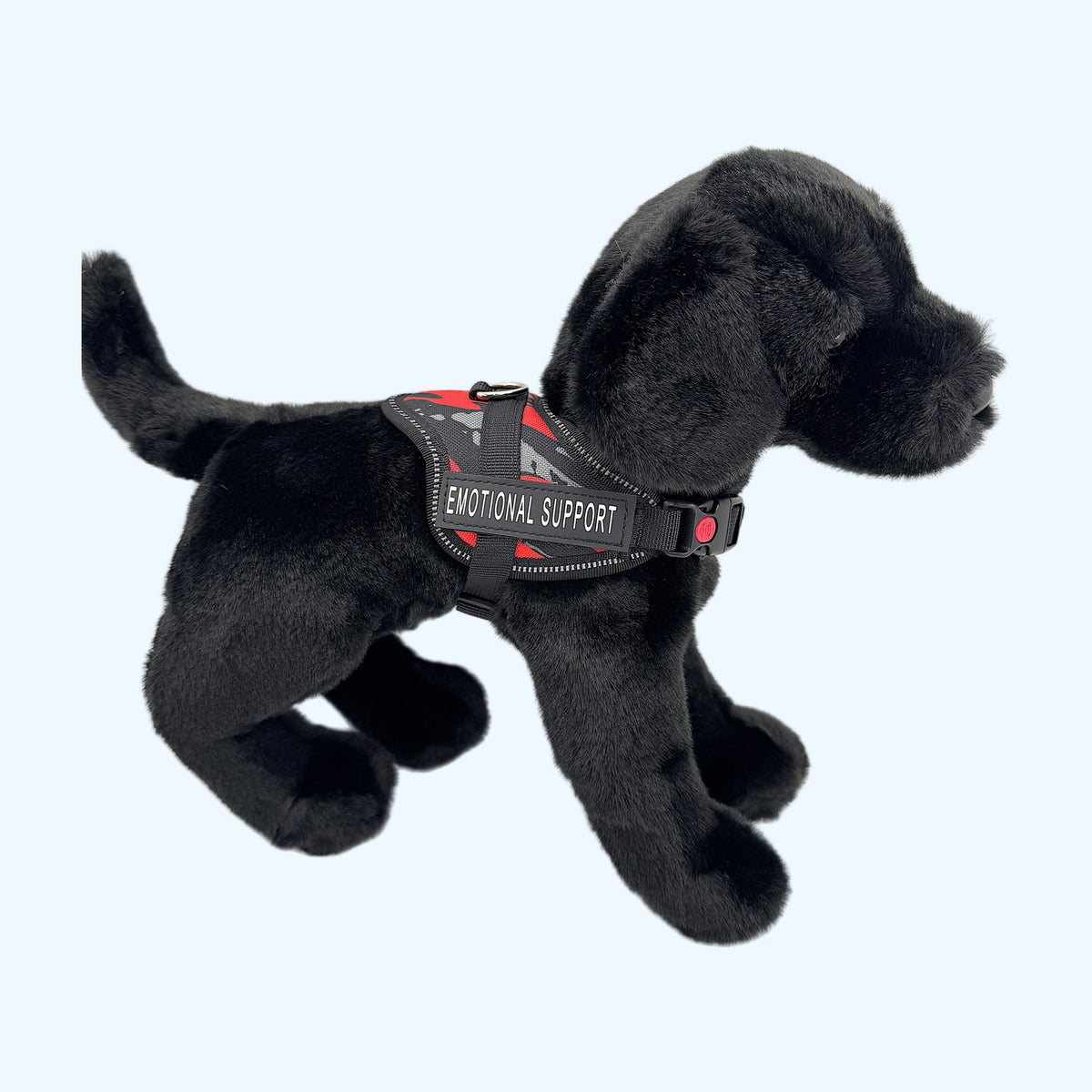 Red Camo ESSA Harness for Small and Medium worn by a black plush dog