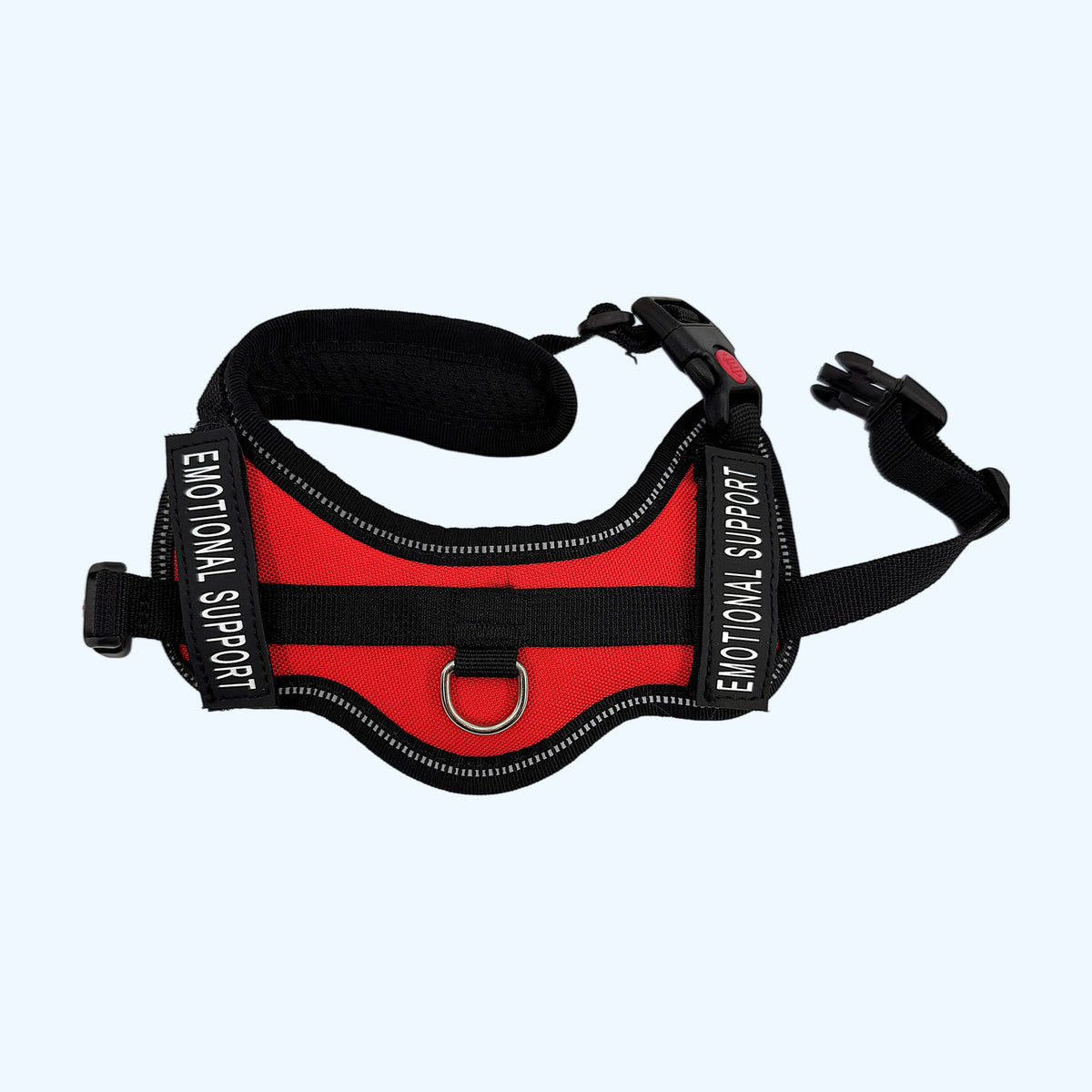 Red ESSA Harness for Small and Medium laid flat showing the emotional support patches